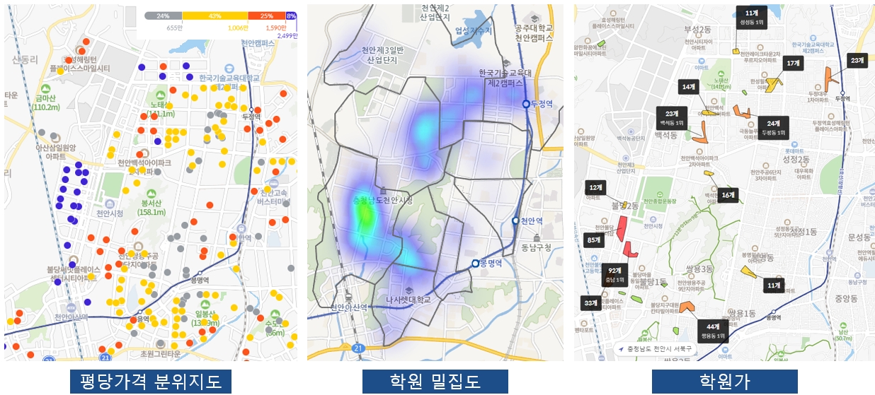 평당가격 분위지도와 학원 밀집도